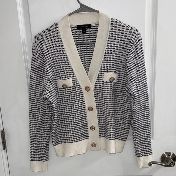 Ann Taylor Sweaters - Navy and White Cardigan with Cream Accents